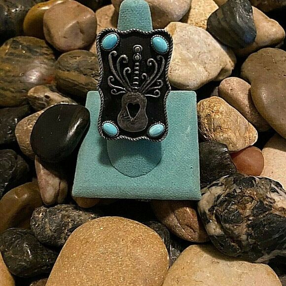 Guitar Heart Strings Turquoise Dark Silver ring - Picture 4 of 8